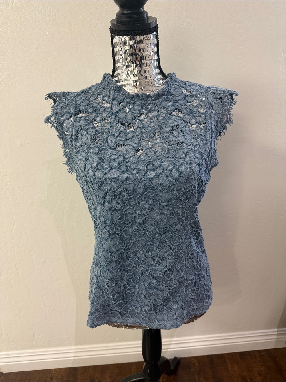 White House Black Market Dusty Blue Lace Sleeveless Shell